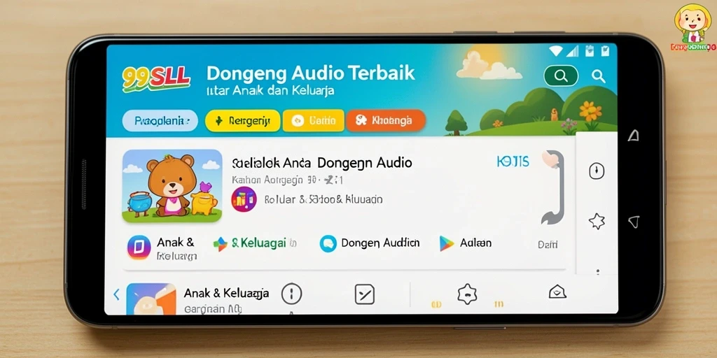 Tampilan antarmuka aplikasi 99SLL dengan pilihan dongeng audio yang menarik.